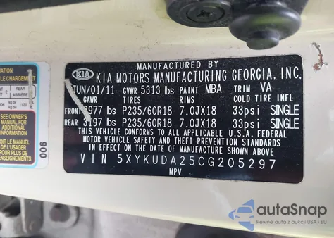 2012 Kia Sorento Ex V6 from USA, damaged, VIN 5XYKUDA25CG205297